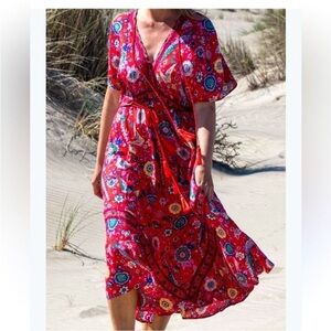 R. Vivimos Boho Floral Bird Print Dress Cover Up Red Size Medium 8-10
